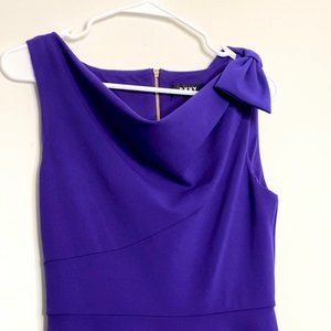 Purple DKNY Dress with Gold Zipper, Cowl Neckline, and Bow Accent